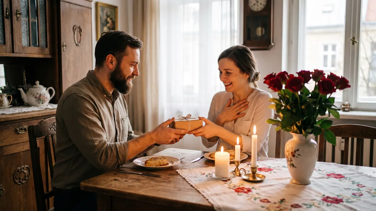 Prezent dla żony na święta — mąż wręcza żonie prezent przy choince