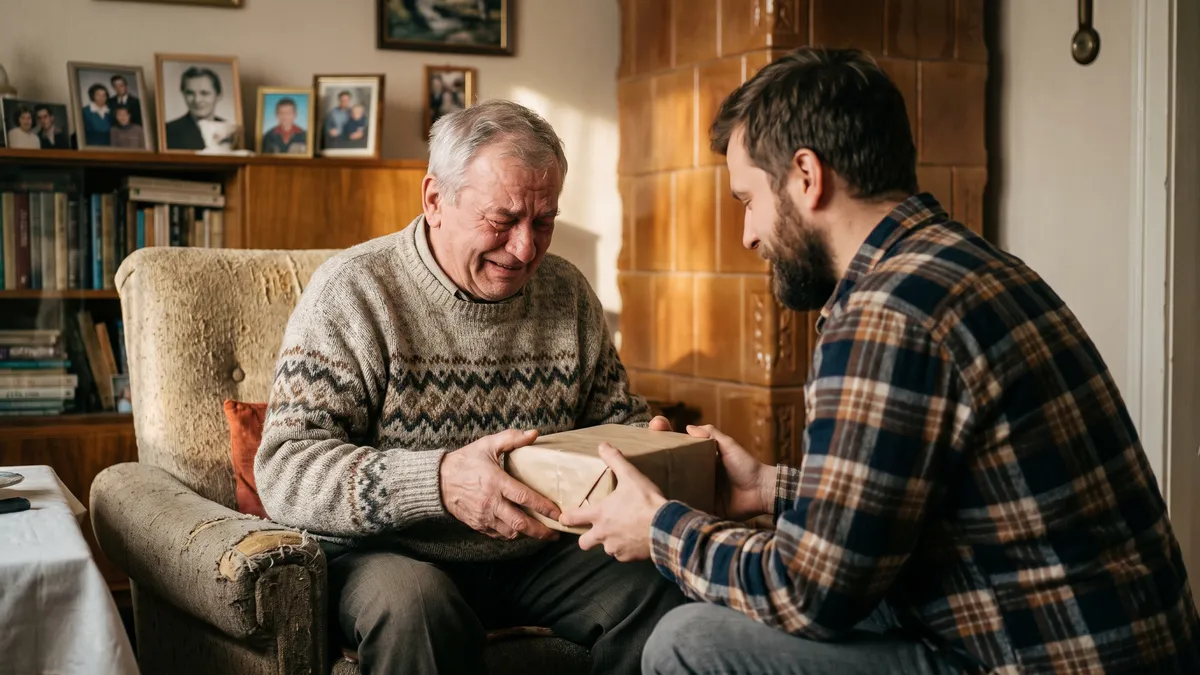 Prezent na 70 urodziny dla mężczyzny — dziadek odbiera prezent od rodziny