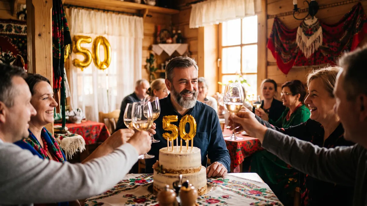 Życzenia na 50 urodziny — jubilat zdmuchuje świeczki na torcie z numerem 50
