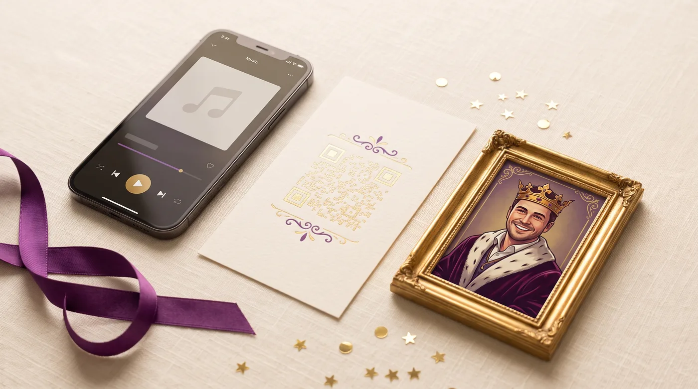 Zawartość prezentu: telefon z piosenką, karta z kodem QR i plakat w ramce